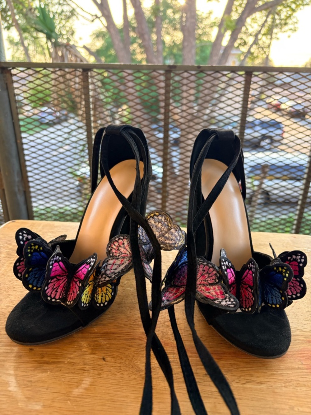 Windsor Black Lace-Up Heels with Multicolor Butterfly Accents